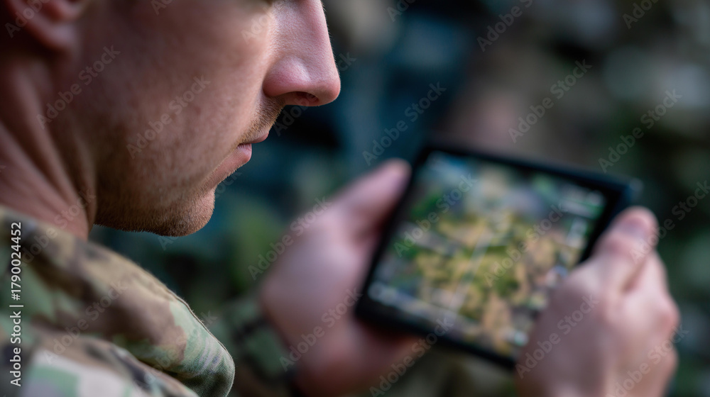 Obraz premium Soldier operating drone in combat defocused zone, faceless battlefield operation, tactical visualization detail, blurred conflict background, military technology concept, combat in