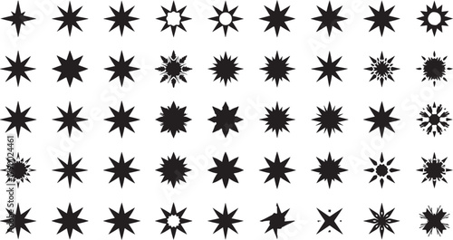 Collection of 40 Black Starburst and Snowflake Icons on White Background Keywords: starburst, star, icon, symbol, shape, design, graphic, element, abstract, burst, explosion, sharp, points, radial