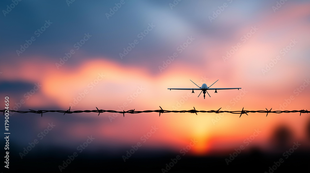 Fototapeta premium Military UAV silhouette on mission defocused barbed wire, faceless reconnaissance flight, surveillance visualization detail, blurred sunset background, border concept, conflict int
