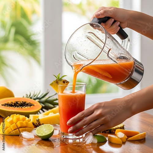 Freshly squeezed tropical fruit blend is poured into a glass cup