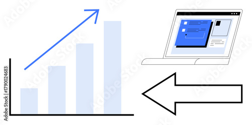 Bar chart with upward arrow symbolizing growth, laptop screen with analytics, and a large arrow linking concepts. Ideal for success, growth, analysis, strategy, data, development simple flat
