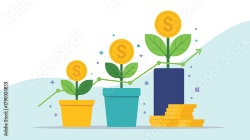 Financial growth illustration with potted plants topped by dollar coins and upward arrow, symbolizing investment, savings, and wealth