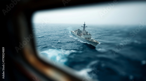 Aerial shot of navy ship in defocused open sea, faceless amphibious warship, naval visualization detail, blurred ocean background, military operations concept, assault interface, t