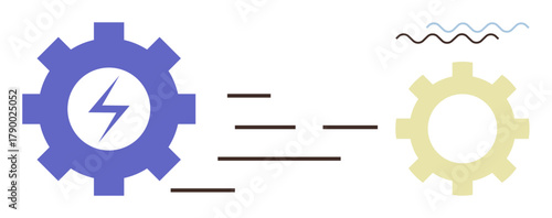 Two large gears, one with a lightning bolt icon, connected by lines symbolizing energy transfer. Ideal for teamwork, energy, collaboration, production, power, industrial efficiency simple flat