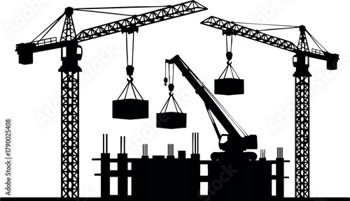 Construction site silhouette with cranes and heavy lifting equipment in black and white vector design