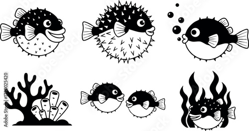 Pufferfish cartoon vector set with underwater coral and seaweed design elements in black and white style