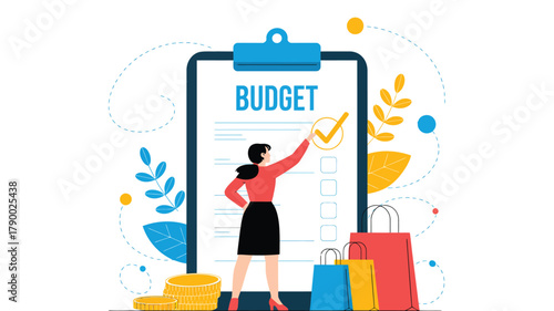 Woman checking budget checklist on clipboard surrounded by coins, shopping bags, and leaves, symbolizing financial planning and savings