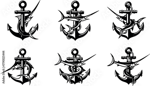 Nautical anchor vector icons with rope and fish design set for marine themes and sea adventure graphic projects