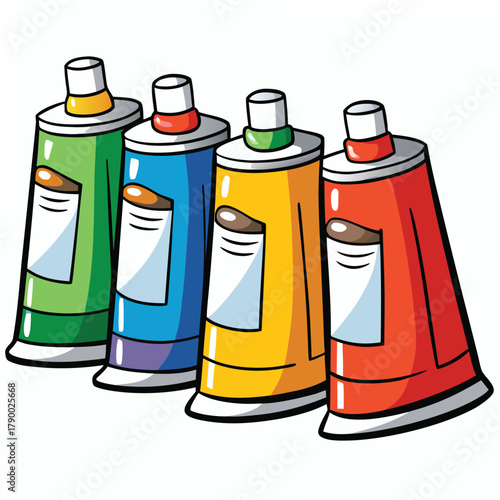 Four Colorful Cartoon Paint Tubes Lined Up on White Background illustration art supplies