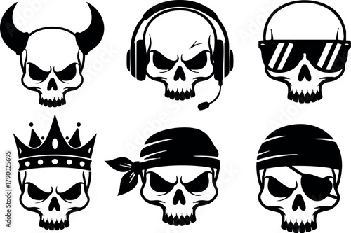 Six skull icons with various headgear including horns crown headphones sunglasses and bandanas vector design collection