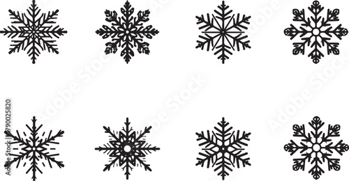 Eight Intricate Black Snowflake Icons on White Background Keywords: snowflake, snow, ice, crystal, winter, icon, symbol, design, graphic, element, abstract, pattern, decorative, ornament, symmetry