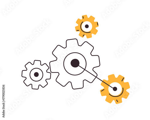 Cogwheel gears in rotation, motion. Cog wheels, engineering mechanism in connection. Industrial mechanical parts, elements. Abstract concept. Flat vector illustration isolated on white background