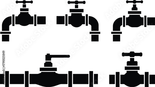 Set of Black and White Plumbing Faucet and Pipe Icons on White Background water