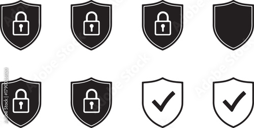 Eight shield icons in black and white, some with a padlock and others with a checkmark, on a white background