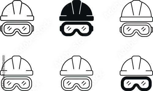 Set Of Hard Hat And Safety Goggles Icons In Black And White helmet protective eyewear