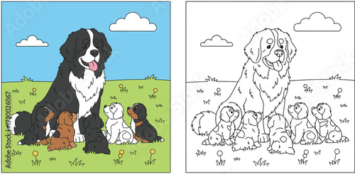 Adorable Bernese Mountain Dog Mother with Her Pups - A Charming Coloring Book Page for Kids and Adults