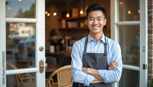 Fototapeta Naklejka Na Ścianę i Meble -  Smiling Asian man cafe owner stands at shop entrance. He wears apron light blue shirt. Portrait shows business owner ready serve customers. Cafe interior blurry background.