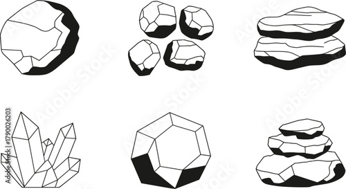 Set of Stylized Black and White Rock and Crystal Illustrations on White Background rocks stones