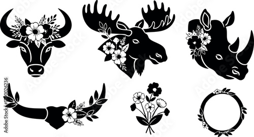 Animal silhouettes with floral decorations vector set including buffalo moose rhino and floral wreath elements