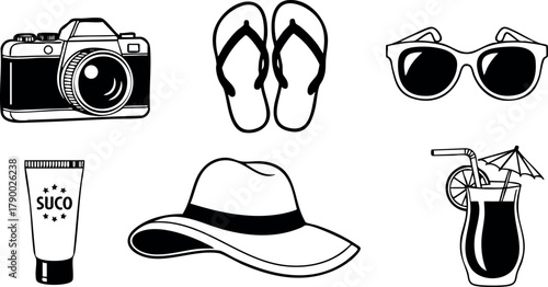 Summer vacation essentials vector set with camera, flip flops, sunglasses, sun hat, sunscreen, and cocktail illustration