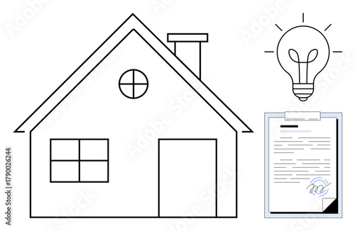 House outline, glowing bulb, and signed document symbolize property ownership, energy efficiency, or real estate agreements. Ideal for real estate, contracts, home improvement, energy savings