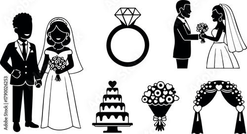 Wedding couple bride and groom silhouettes with ring cake bouquet and arch vector icons set