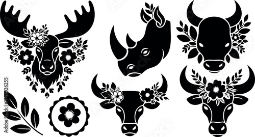 Black silhouette animal heads with floral decorations including moose, rhino, and bull vector design for nature and wildlife themes