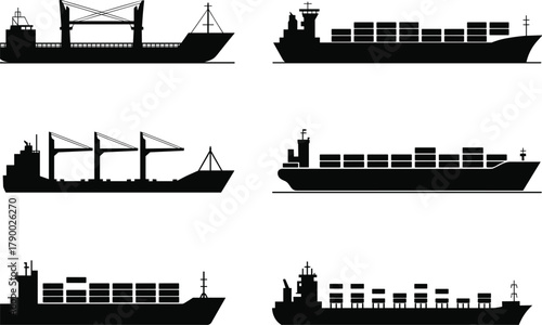 Six Silhouette Cargo Ships and Container Ships on White Background freight ship transport ship