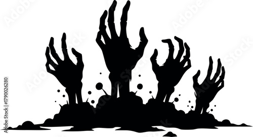 Horror spooky zombie hands rising from ground silhouette Halloween vector design isolated on white background