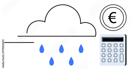 Cloud releasing rain drops next to calculator and euro coin. Ideal for finance, weather impact, budget, economy, cost calculation, data analytics, simple flat metaphor