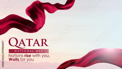 Qatar national day 2025 celebration theme banner with maroon waving flag and beautiful sunrise background. Elegant minimalist background. Best for Qatar promos, travel, tourism, greeting, template. 