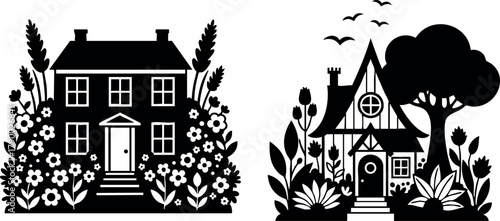 Two black silhouette houses with garden flowers trees and birds vector illustration