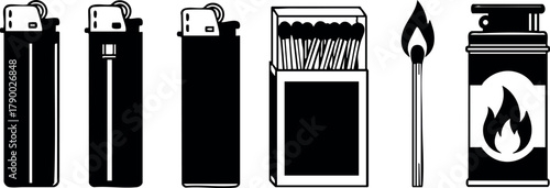 Black silhouette collection of lighters matchstick and matchbox vector icons for fire lighting tools design