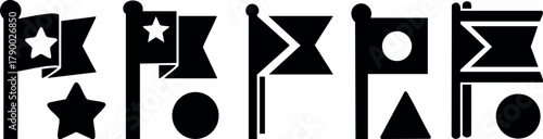 Abstract black flag icons with stars and circles vector design elements for graphic projects and decorations