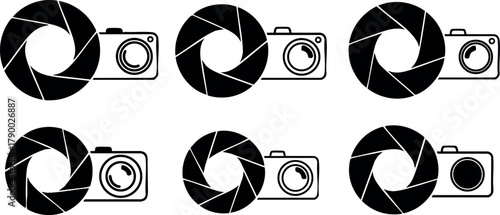 Camera shutter aperture icons set with various angles for photography and design vector illustration