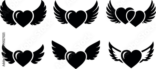 Heart shapes with wings vector icons in black silhouette style for love and freedom design elements