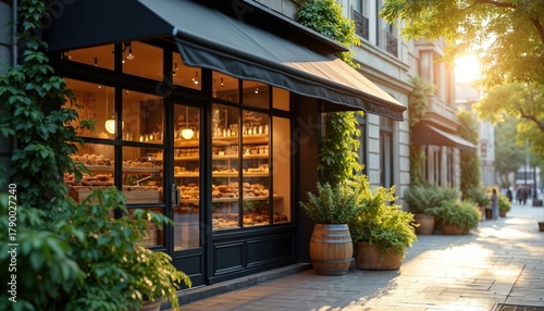 Bakery storefront with abundant baked goods displayed. Black awning provides shade over glass windows. Greenery and outdoor seating area visible. Sunny day.