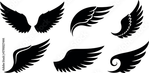 Black silhouette collection of stylized bird wings in different shapes and angles vector set