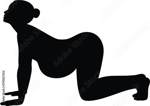 Silhouette of Pregnant Woman Performing Cat-Cow Yoga Pose, Highlighting Prenatal Fitness, Gentle Stretching, Back Pain Relief, and Maternity Wellness