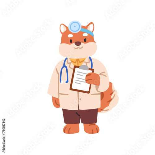 Cute animal doctor character. ENT medic, otolaryngologist with head mirror and clipboard. Healthcare, health specialist, hospital professional. Flat vector illustration isolated on white background