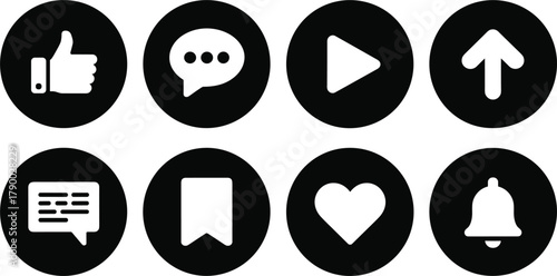 Set of Social Media Engagement Icons: Like, Comment, Play, Share, Save, Heart, and Notification Bell, for Web and Digital Marketing