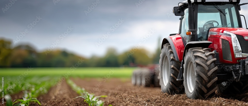 Obraz premium Modern red tractor tires at the Red Marta Farmers Festival in Russia, showcasing agricultural innovation during harvest season