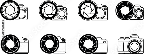 Camera shutter aperture icons with various open and closed positions vector illustration set