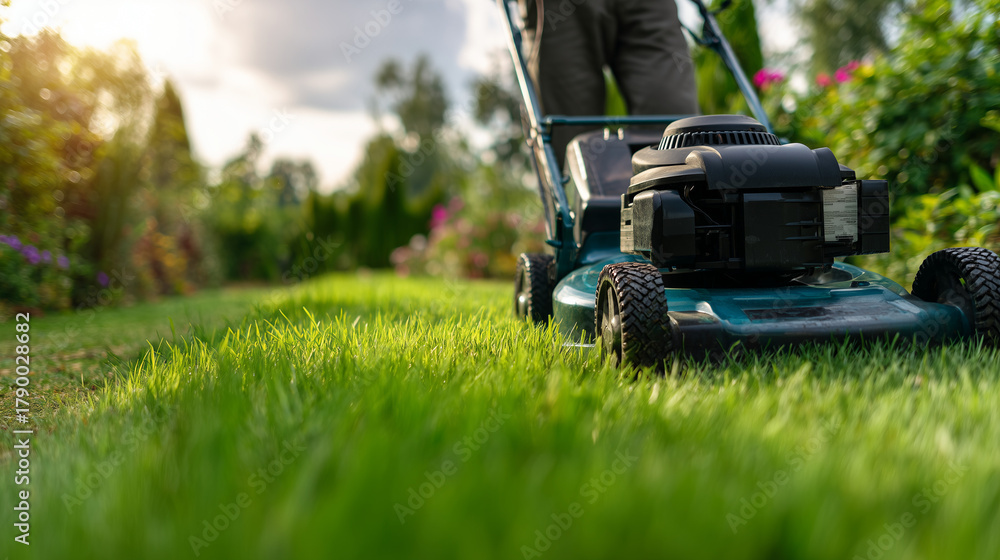 Fototapeta premium Professional maintenance garden scene with lawn care using push mower on bright green grass in sunny backyard