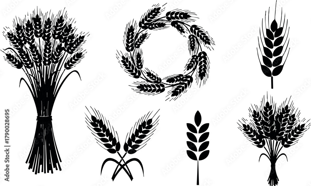 Fototapeta premium Wheat ears bundle and wreath simple black silhouette vector design elements for agriculture and harvest themes