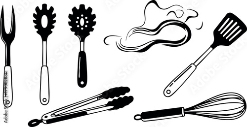Kitchen utensils set with fork, spaghetti server, slotted spoon, tongs, whisk, spatula, and steam vector illustration