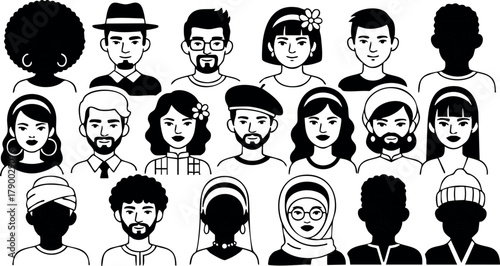Diverse group of multicultural people avatars with various hairstyles and accessories in black and white vector illustration