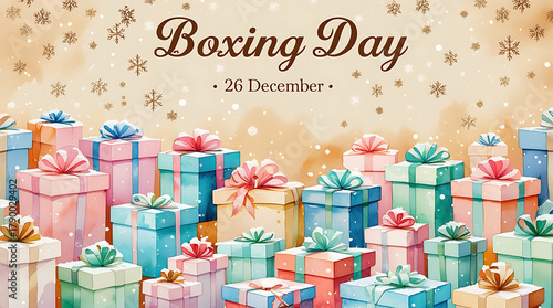 Watercolor boxing day illustration with many gifts and snowflake background design, 8k image