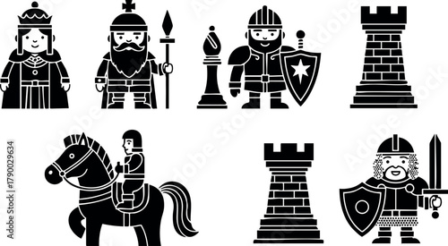 Medieval chess pieces set with king queen bishop knight rook and horse player vector illustration
