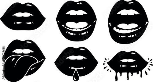 Black and white vector set of six expressive lips with tongue and dripping liquid emotions